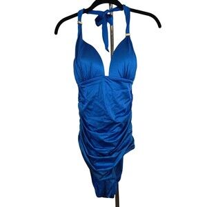 Victoria Secret Swimsuit Womans Large Blue Forever One Piece Halter Ruched Beach
